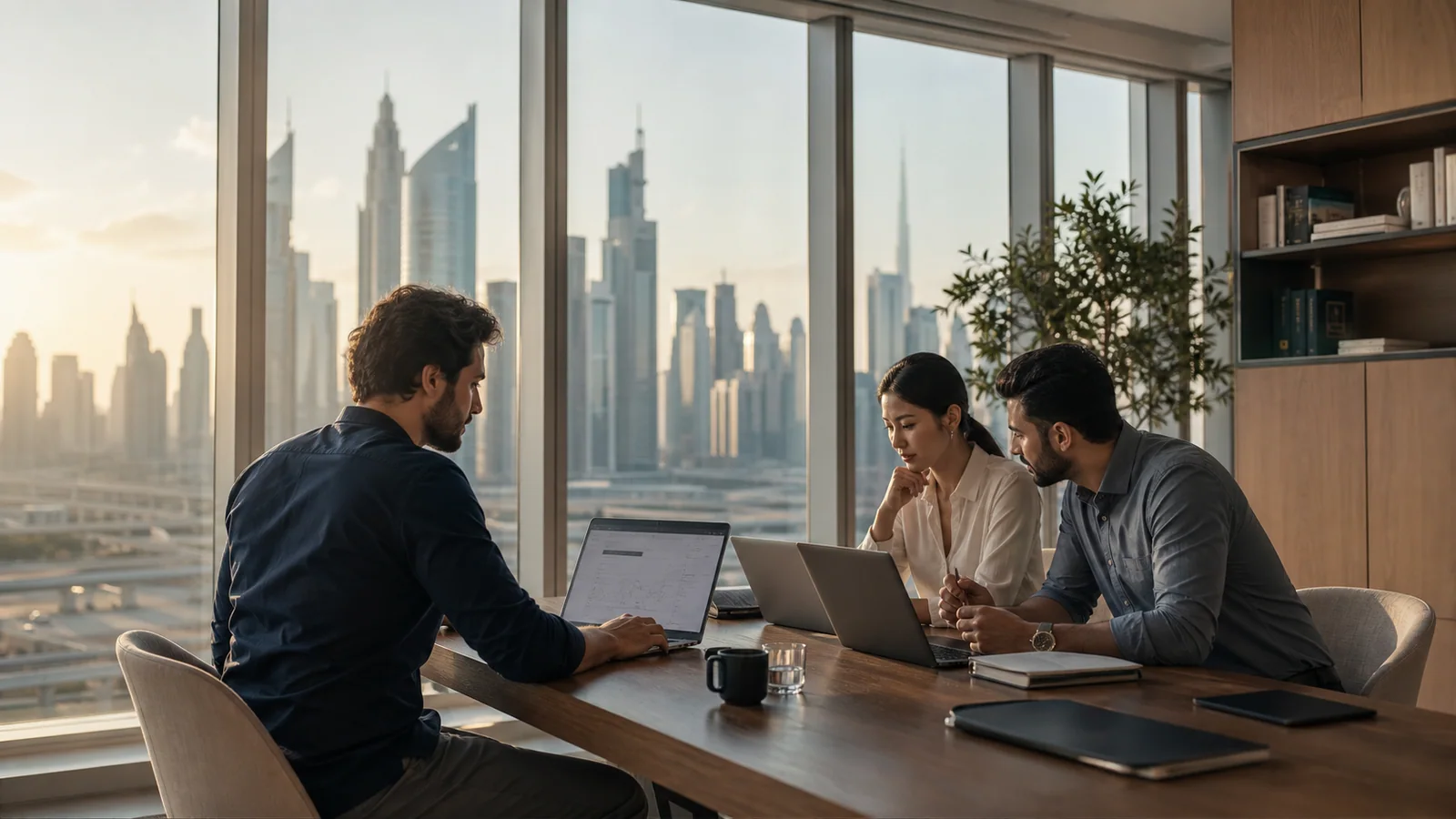 Fondateurs d'une entreprise SaaS travaillant dans un bureau avec vue sur Dubaï