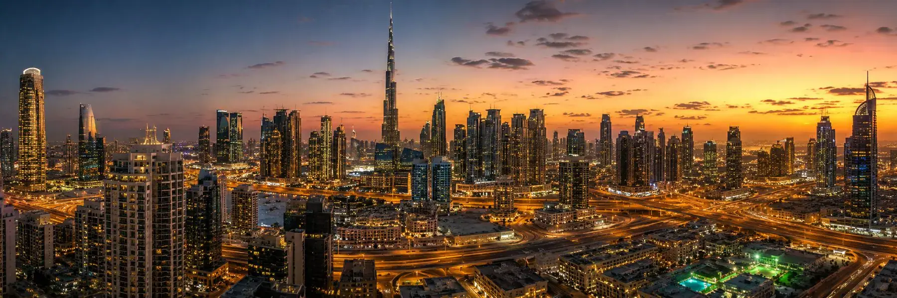 The Dubai skyline at sunset